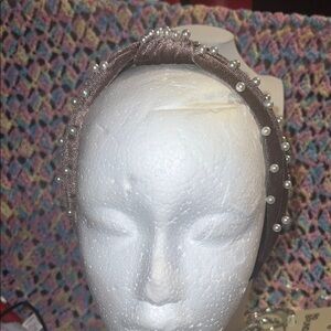 3Pearl-Embellished Taupe Velvet Headband - Women Accessories